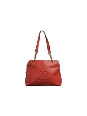 Chanel Chain Shoulder Tote Bag Caviar Leather Big CC Logo Coco Ball Red Gold